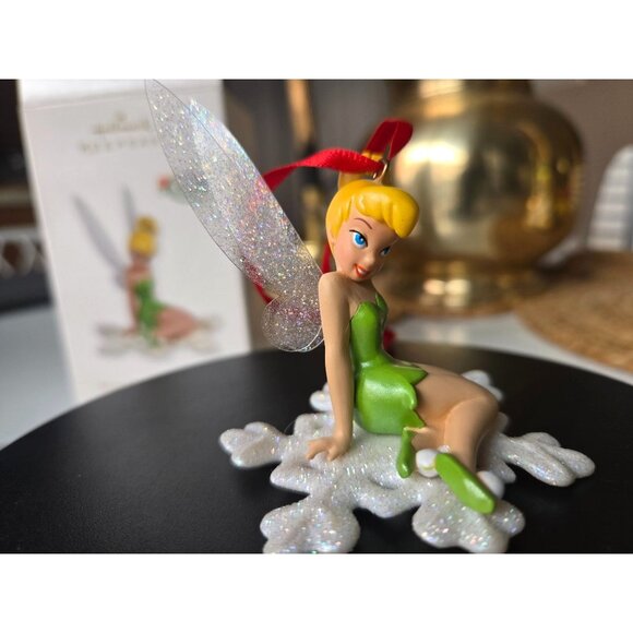 Disney Tinker Bell Christmas Ornament Sitting on Glitter Snowflake with Sparklin - Picture 1 of 9